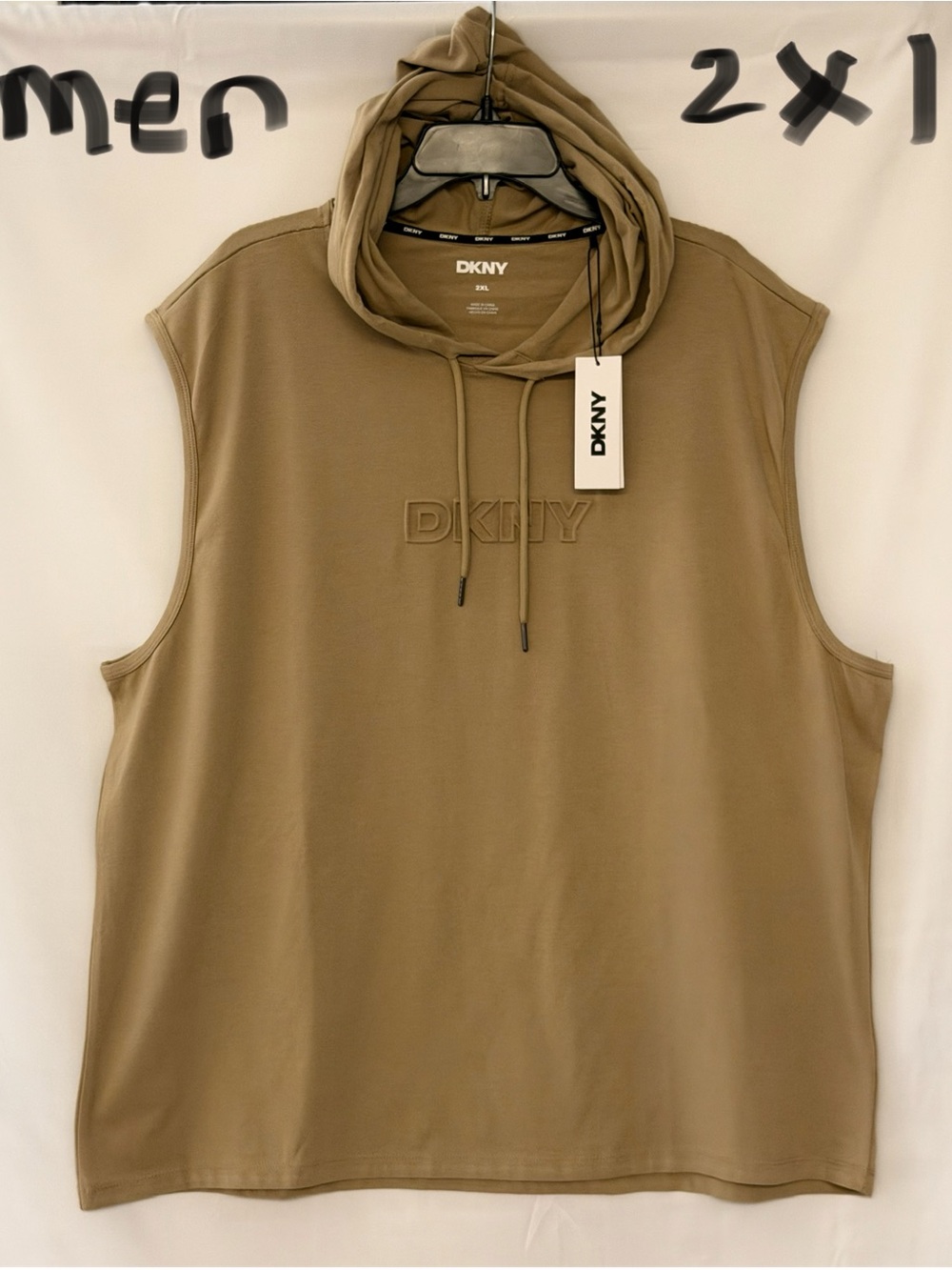 Dkny Men’s Sleeveless Hoodie in Tan Drab